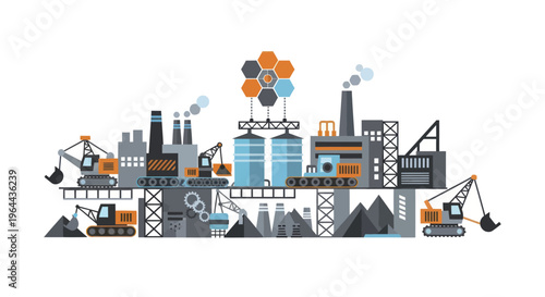Industrial Factory Complex with Machinery and Construction Elements.