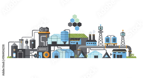 Industrial factory complex with various processing units and pipelines.