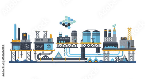 Industrial Factory Complex with Pipelines and Storage Tanks.