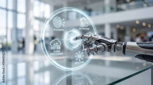 Artificial intelligence robot interacting with futuristic digital interface