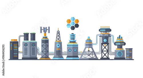 Industrial factory complex with various production facilities and machinery.