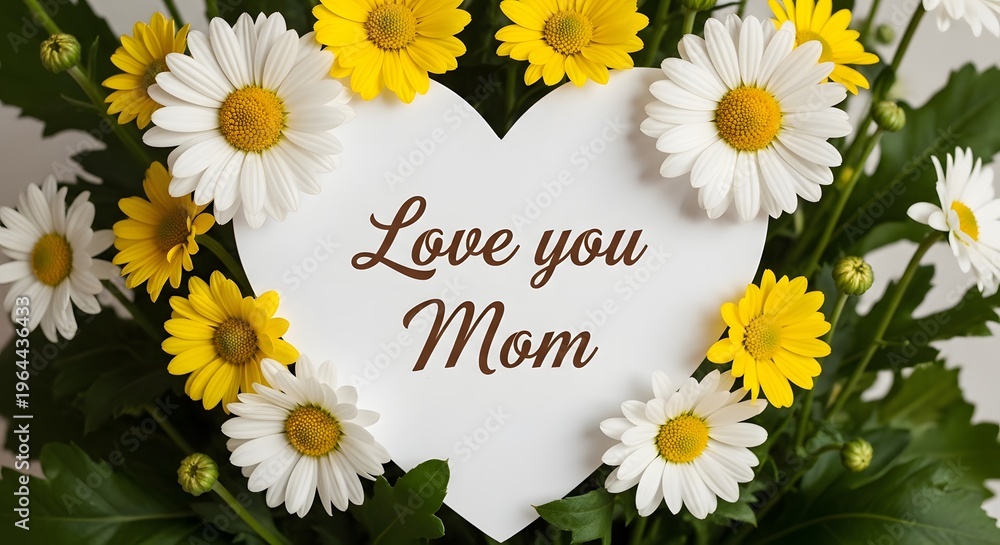 Obraz premium Happy mother's day bouquet of white and yellow daisies with heartfelt love message