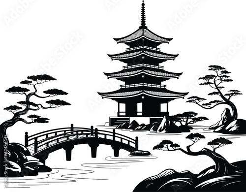 Serene japanese pagoda landscape with bridge and trees