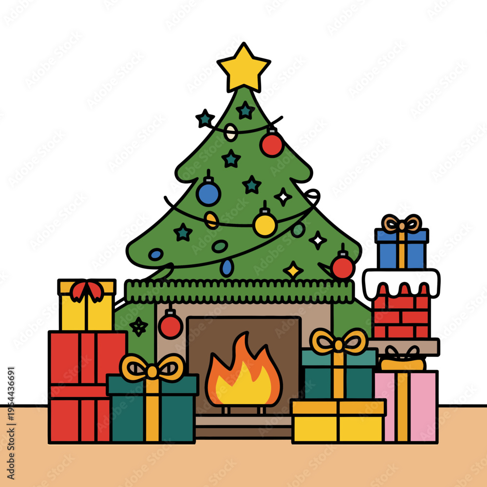 Fototapeta premium Christmas tree with fireplace and gift boxes, festive holiday illustration
