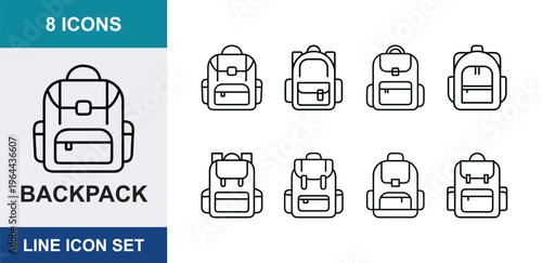 Set of eight minimalist line icon designs of backpacks in vector format