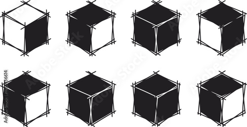 Hand-drawn black cubes in isometric perspective on white background Keywords: 3d, art, black, box, cube, cubes, design, drawing, element, geometric, graphic, hand-drawn, icon, illustration