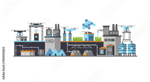 Modern automated factory with drones and advanced technology.