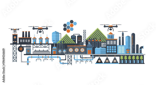 Modern automated factory with drones and advanced technology.