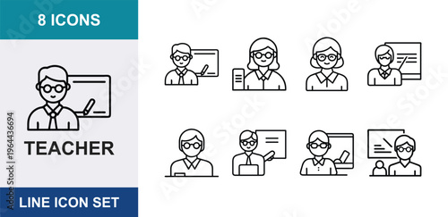 Teacher line icon set showcasing various educators in different settings eight icons