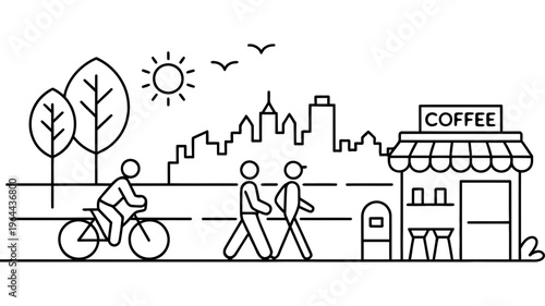 City street scene with a coffee shop, people walking, and a cyclist, vector illustration