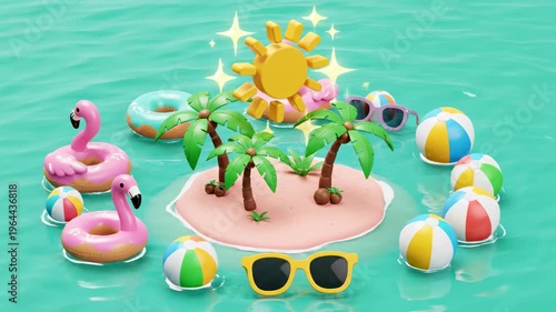 Cartoon summer island paradise with palm trees,sunglasses,sun,and flamingo floats in a turquoise sea