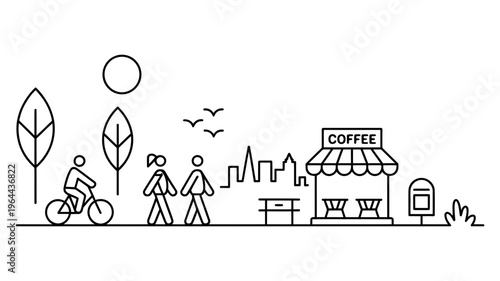 City park scene with people cycling and walking, coffee shop, and urban skyline