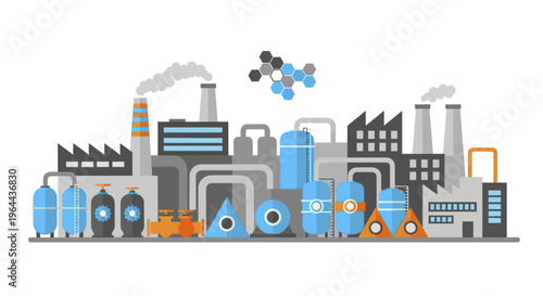 Modern Chemical Factory with Molecular Structure Overhead.