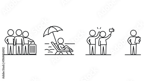 Set of stick figure icons depicting travel, vacation, and business activities