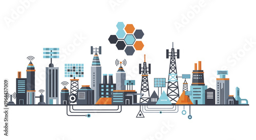 Modern Cityscape with Communication Towers and Network Infrastructure.