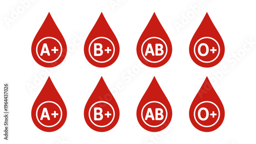 Set of human blood type icons, including a positive, b positive, ab positive, and o positive blood groups