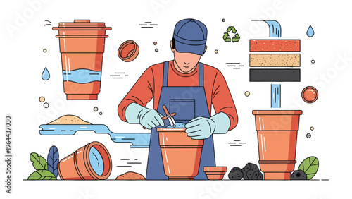 Water Treatment Process: An illustrative depiction showcases the methodical process of water purification. A dedicated worker meticulously tends to the filtration.