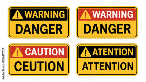 Set of warning, danger, caution and attention signs with yellow and red banners