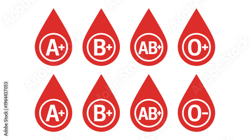 Set of human blood type icons, a positive, b positive, ab positive, o positive and o negative blood group symbols