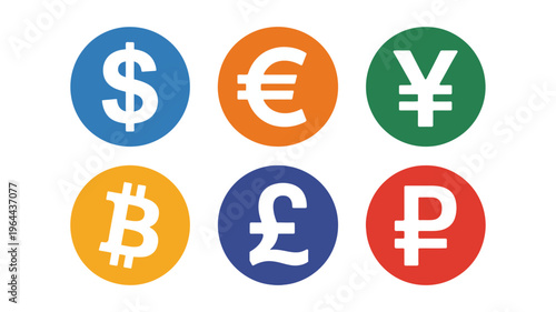 Set of currency symbols icons including dollar, euro, yen, bitcoin, pound sterling and ruble