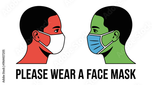 Two people facing each other wearing face masks, health and safety concept