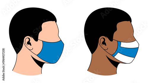 Profile view of two people wearing protective face masks