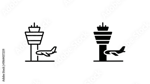 Airport control tower and airplane icon set