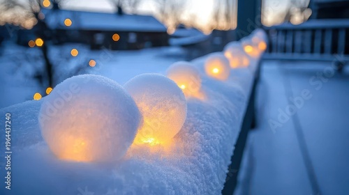 Snow covered Christmas lights on a porch with soft glow and blurred background