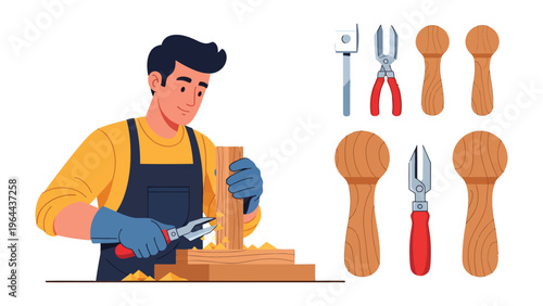 Artisan's Craft: An artisan, focused and skillful, carves a wooden creation with precision, embodying the spirit of handcrafted artistry and the tools of his trade.