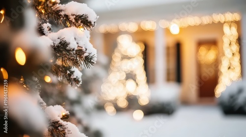Snowy Christmas Eve with a Snow-Covered Pine Branch and Warm House Lights, Evoking a Cozy Holiday Atmosphere