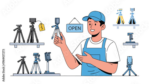 Shopkeeper with Tripod: A helpful shopkeeper stands proudly in front of a diverse array of tripods. The scene captures his dedication to his craft.
