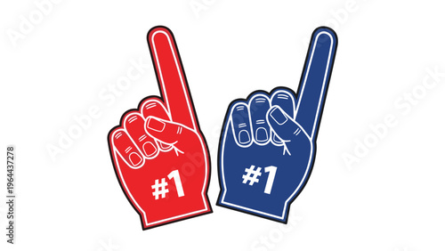 Red and blue foam fingers with number one text are symbols for sports fans showing support and championship victory.