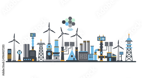 Modern Industrial Cityscape with Renewable Energy Sources and Technology.