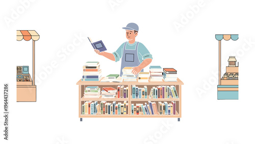 Literary Haven: A vendor stands behind a stall, surrounded by diverse books, holding one to study and sell. This scene showcases the knowledge and curiosity