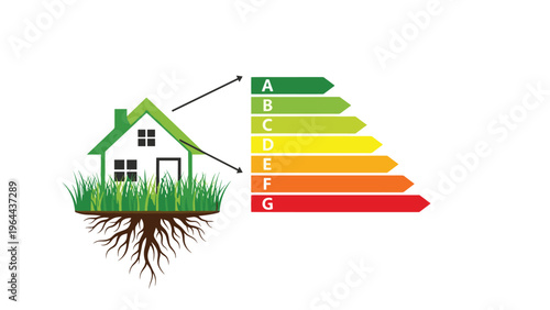 Energy efficiency rating scale from A to G next to house with green roof and deep roots showing sustainable living.
