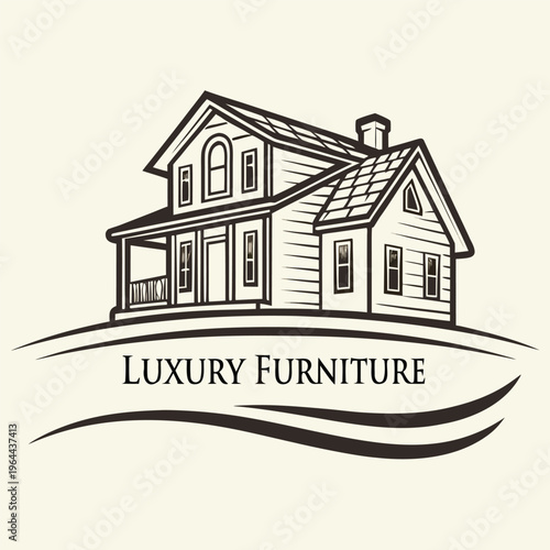 Luxury furniture store emblem with house and scrollwork with real estate