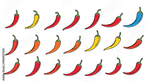 Collection of red, yellow, orange and one blue chili pepper arranged in rows on white background for variety and heat levels.