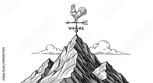 Rooster Weathervane Atop a Majestic Mountain Peak.