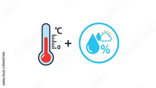 Red thermometer icon with temperature scale next to humidity icon with water drops and sun for weather forecasting data.