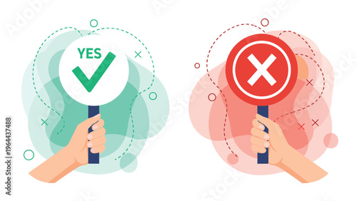 Hands holding up a green yes check mark sign and a red no cross sign for decision making and voting concept for feedback.