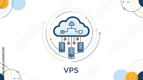 VPS cloud icon with connected server and device nodes inside a circular frame represents virtual private server technology.