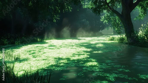 Thick green algae bloom covering a serene pond surface in a sun-dappled forest environment, showcasing natural beauty with a hint of pollution.