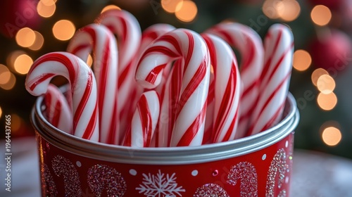 Traditional red and white striped candy canes displayed in a decorative festive tin with soft holiday sparkle.