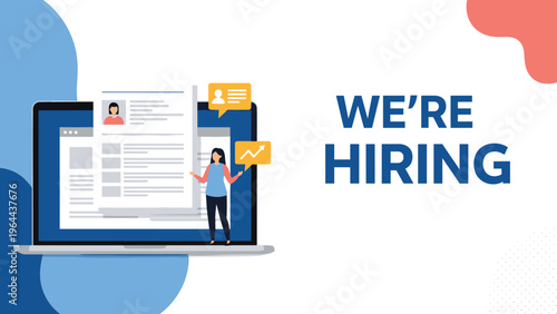 We are hiring recruitment announcement banner with a female character standing next to a laptop with a job application.