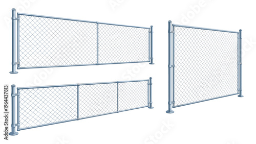 Collection of three realistic chain link fence sections in different heights and perspectives for industrial boundary.