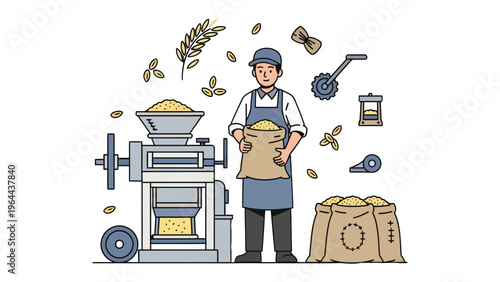 Artisan Milling: An artisan stands proudly beside traditional milling equipment, showcasing the craft of flour production and the bounty of the harvest.