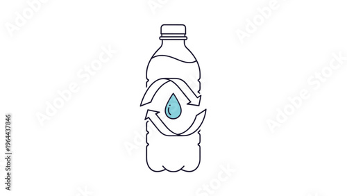 Water bottle line drawing with a recycling symbol and a blue water drop representing sustainable environmental practices.