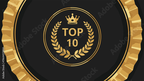 Golden top ten award medal with a crown and laurel wreath details against a dark background for prestigious ranking.