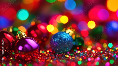 Vibrant Christmas ornaments with glitter and sparkle, blurred festive lights creating a bokeh background for holiday celebrations