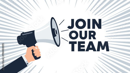 Join our team recruitment call to action with a hand holding a megaphone against a gray background with action lines.